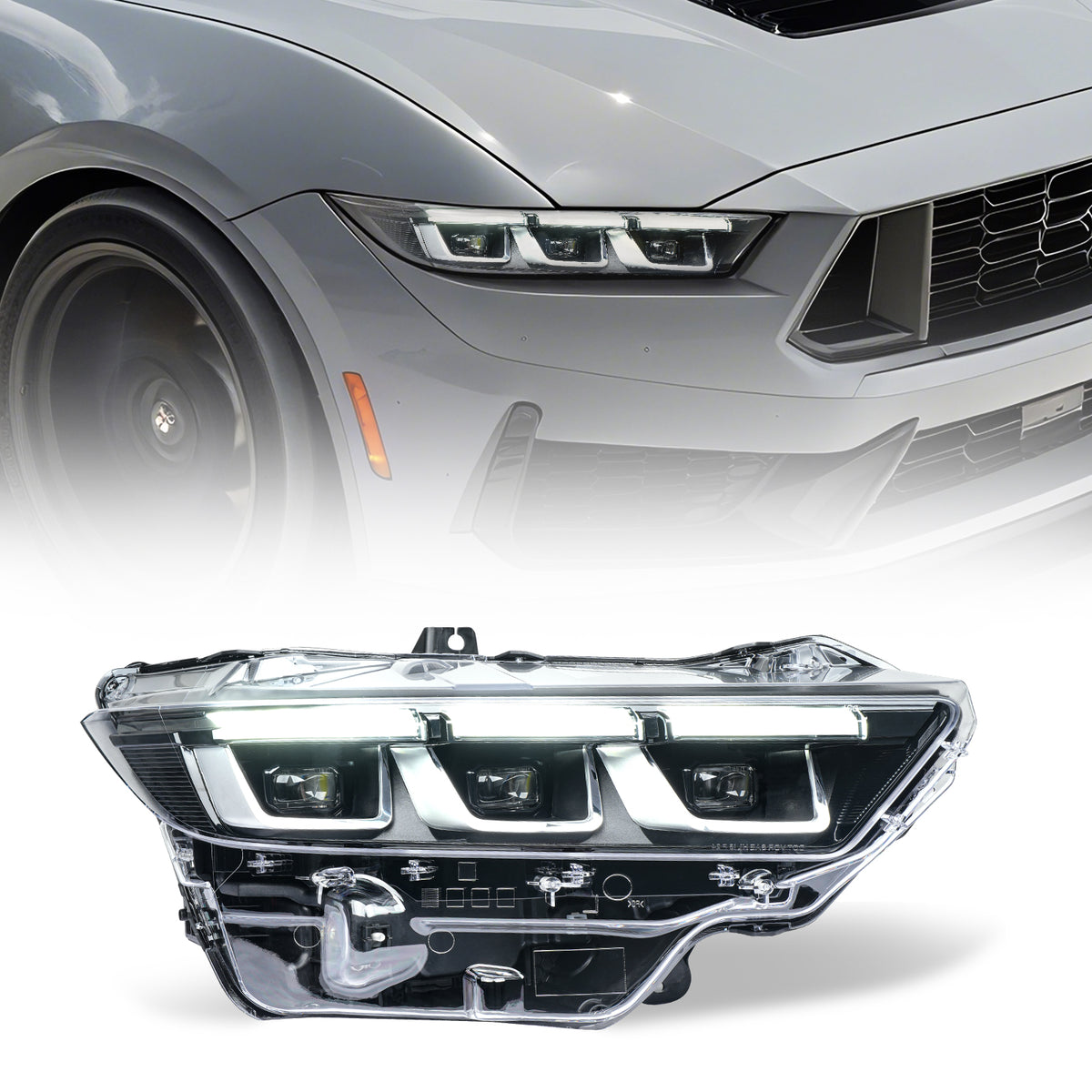Retro-LED-Scheinwerfer für Ford Mustang OE (ab 2024), Chrom-Schwarz-Ausführung