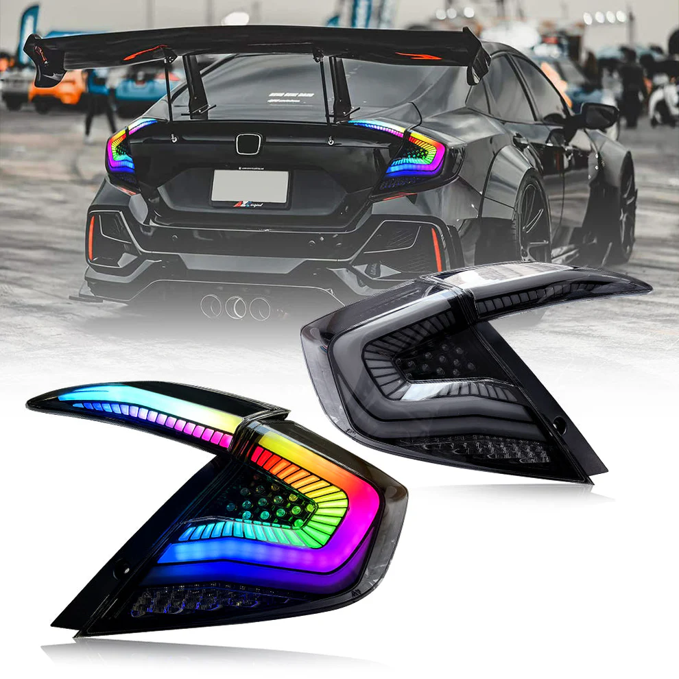 Archaic RGB Tail Lights Assembly For 2016-2021 Honda Civic Sedan 4-Door | Smoked Lens Style Sequential Turn Signals & Dynamic DRL