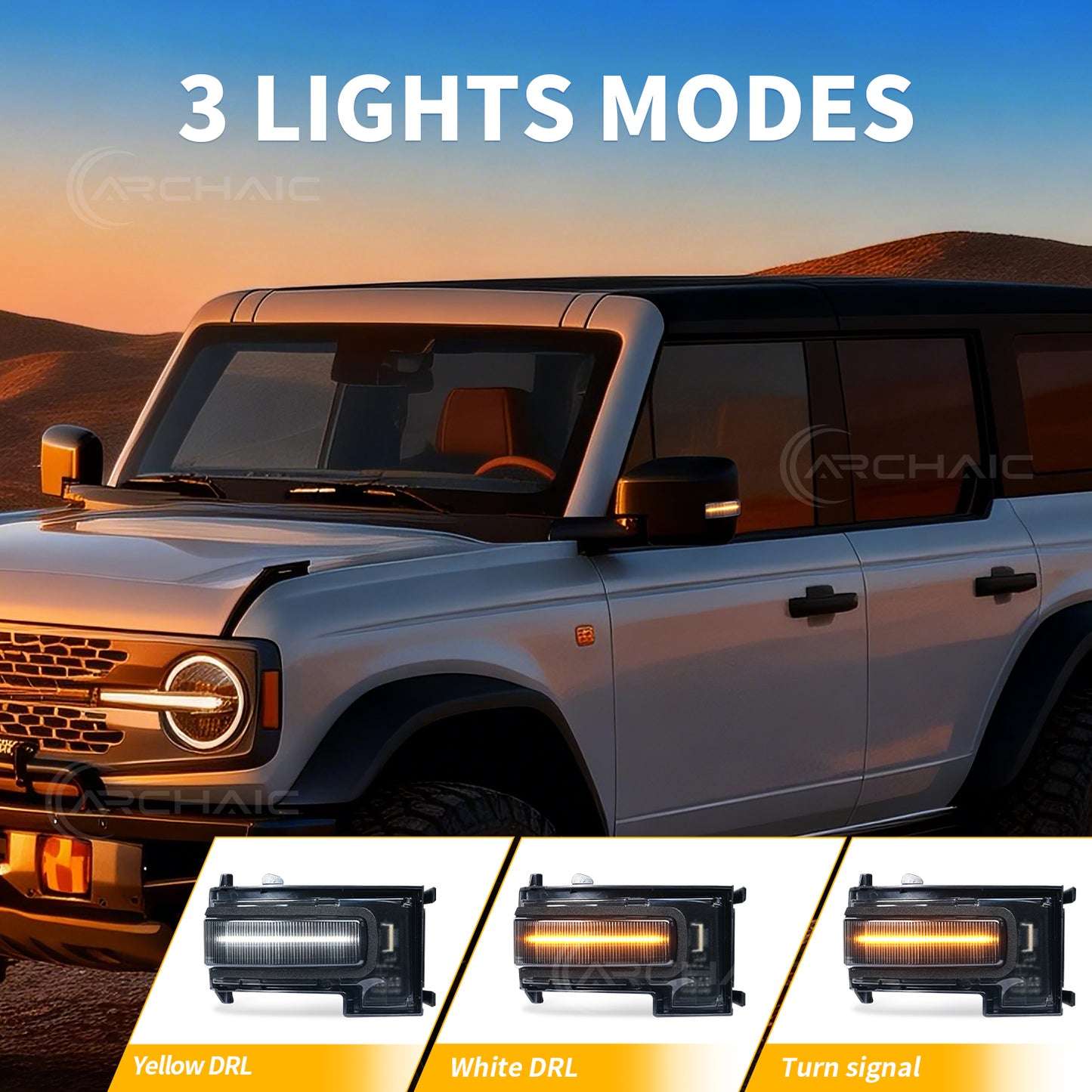Archaic LED Side Mirror Marker Lights For 2021-2025 Ford Bronco Amber/White DRL Pair
