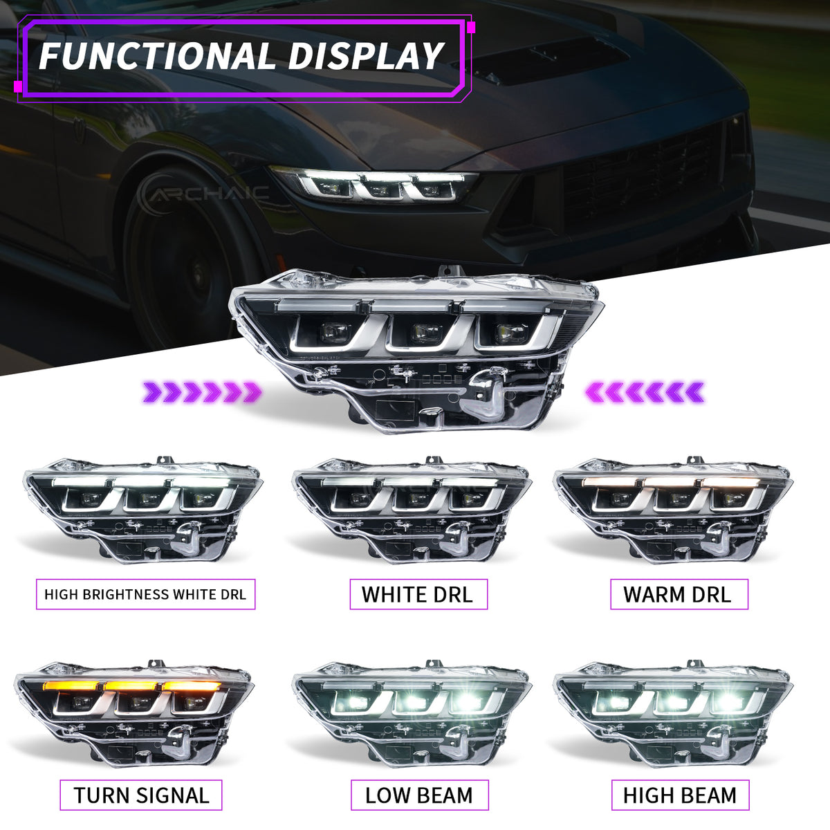 Retro-LED-Scheinwerfer für Ford Mustang OE (ab 2024), Chrom-Schwarz-Ausführung