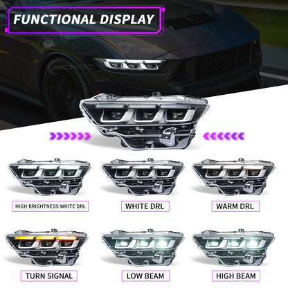 Retro-LED-Scheinwerfer für Ford Mustang OE (ab 2024), Chrom-Schwarz-Ausführung