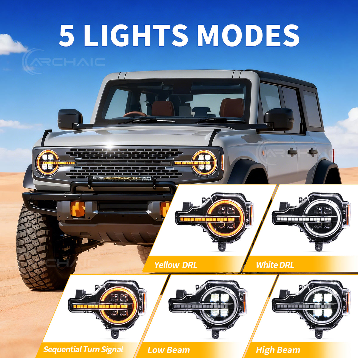 Archaic LED Headlights for Ford Bronco 2021–2026 | App-Controlled DRL