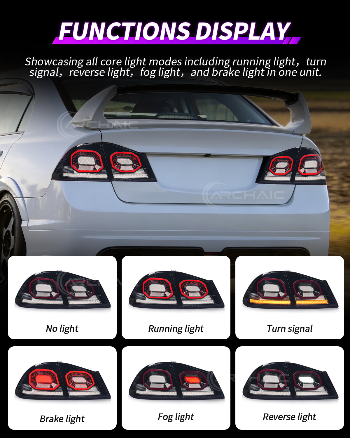 Archaic Diamond LED Tail Lights for Honda Civic FD2 2007–2010