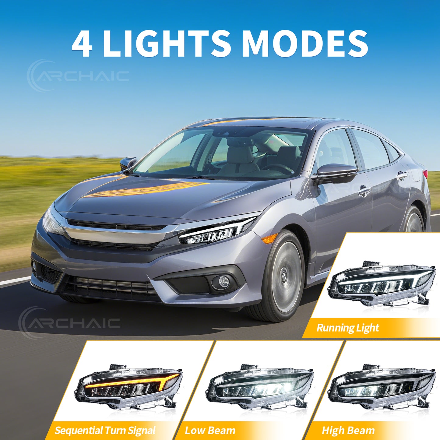 Archaic LED Headlights Assembly For 2016-2021 Honda Civic 10th Gen | Dynamic DRL Sequential Turn Signal