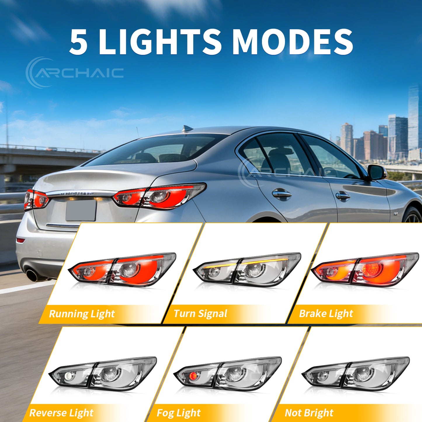 LED Tail Lights for Infiniti Q50 Sedan Skyline V37 2014-2017 | Sequential Turn Signals, Animated Startup, DRL Rear Lamp Assembly by Archaic