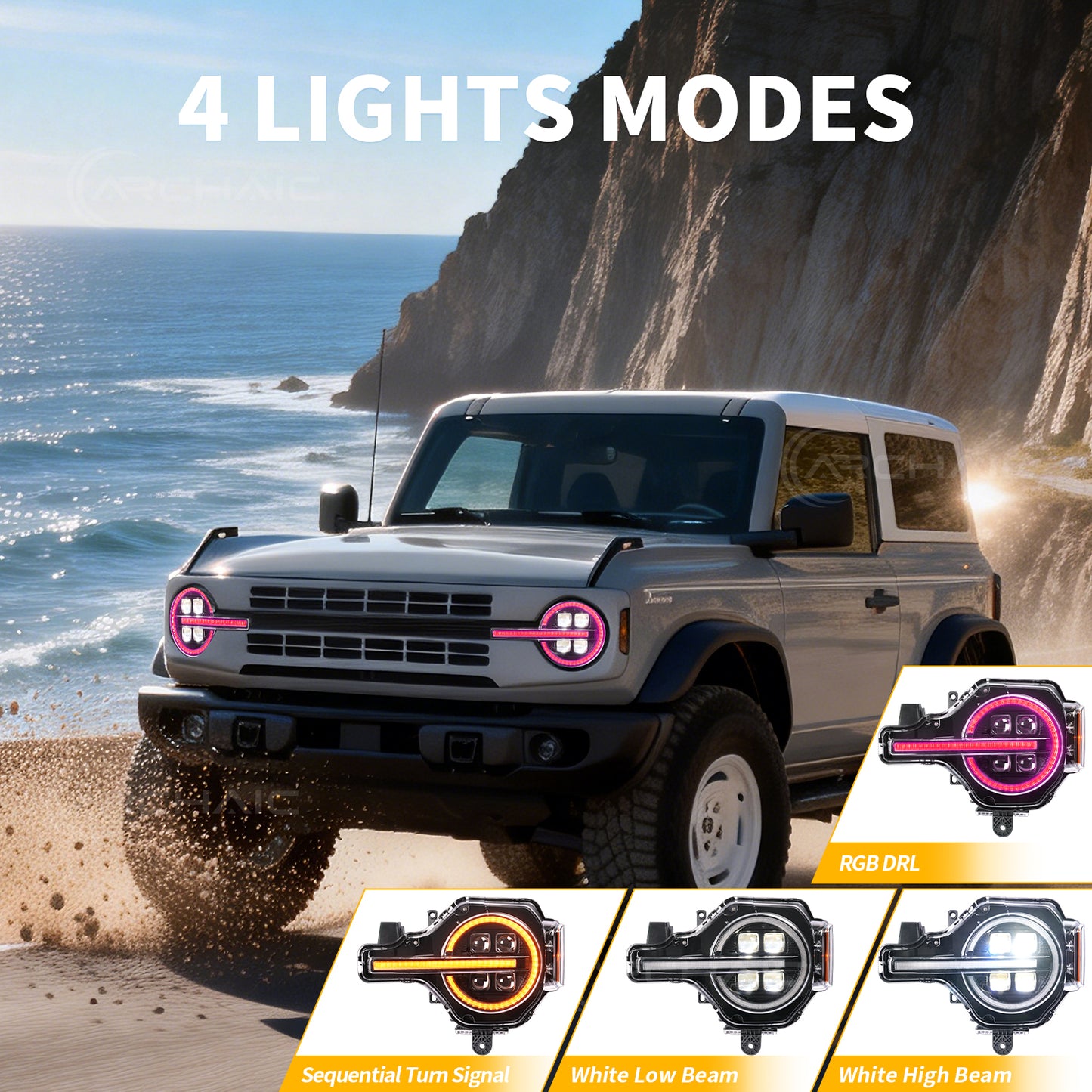 Archaic 4Lens Headlights Ford Bronco 2021-2026, DRL/Projector Lens Custom Light