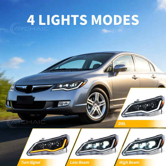 Archaic LED Headlights Assembly For 2006-2011 Honda Civic FD1 FD2 FD3 Sedan Type R | JDM Spec ONLY (NOT For USDM FA1/FA5 Models)