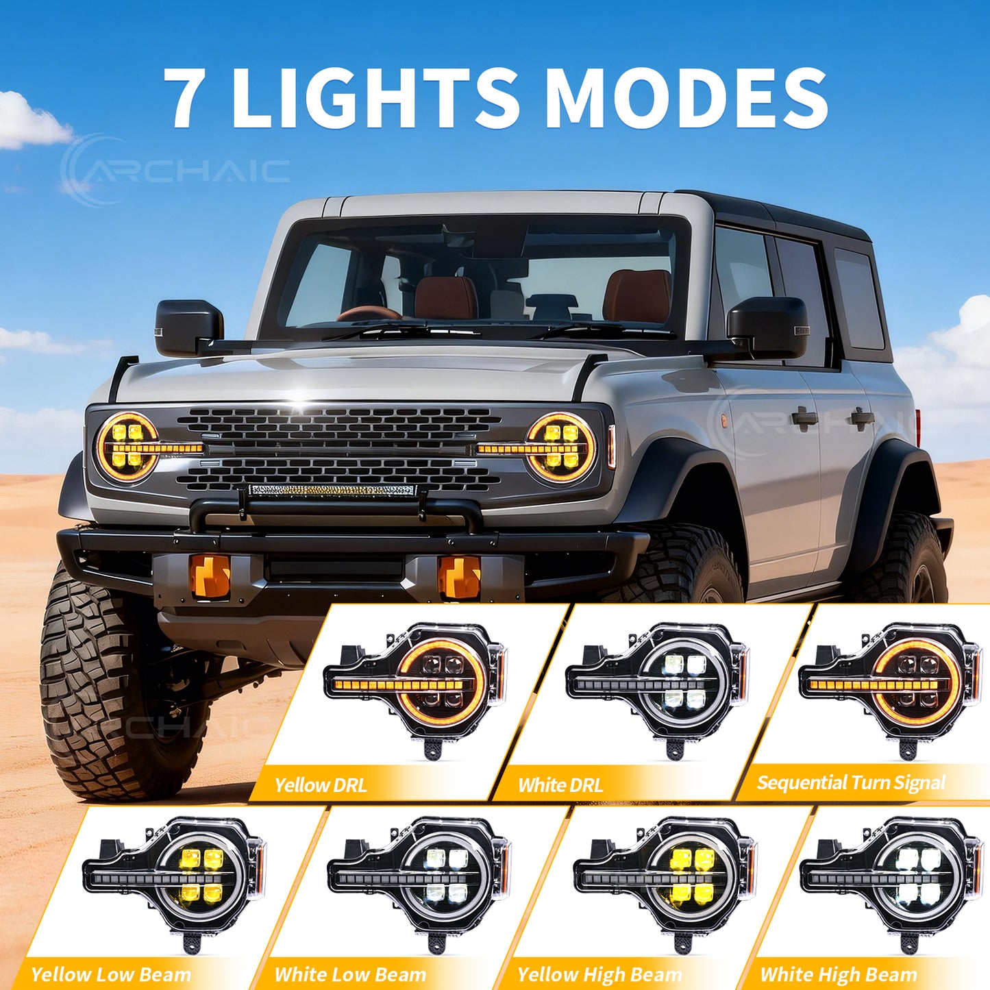 Archaic 4Lens Headlights Ford Bronco 2021-2026, DRL/Projector Lens Custom Light