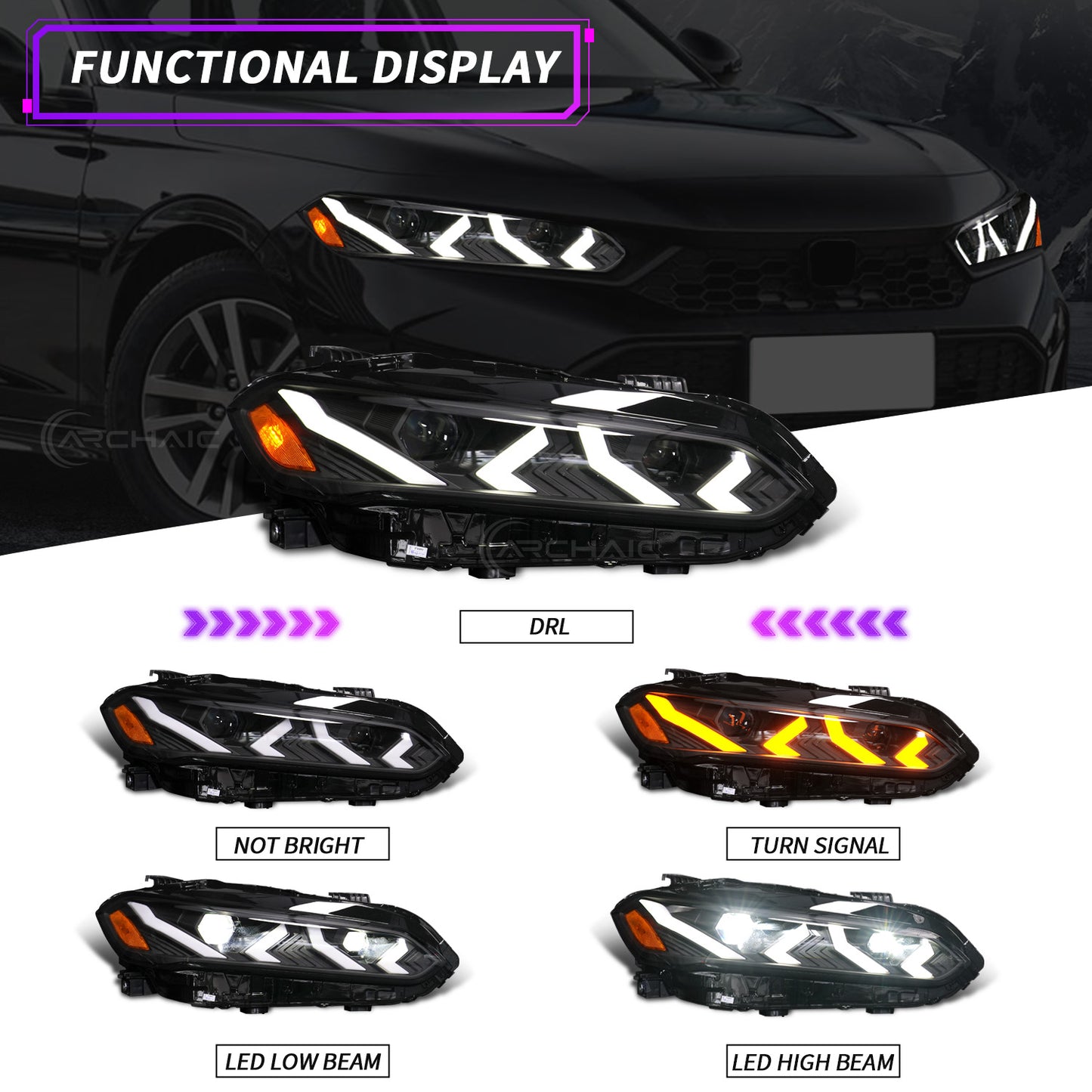 Archaic LED Headlight Assembly For 11th Gen Honda Civic 2022-2025 Startup Animation DRL