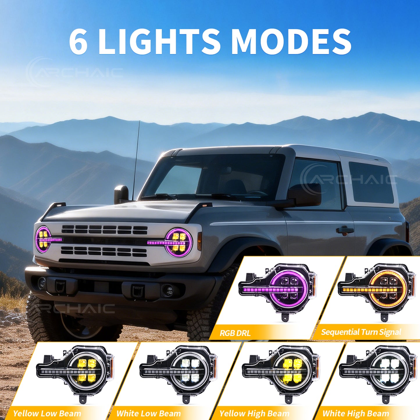Archaic 4Lens Headlights Ford Bronco 2021-2026, DRL/Projector Lens Custom Light