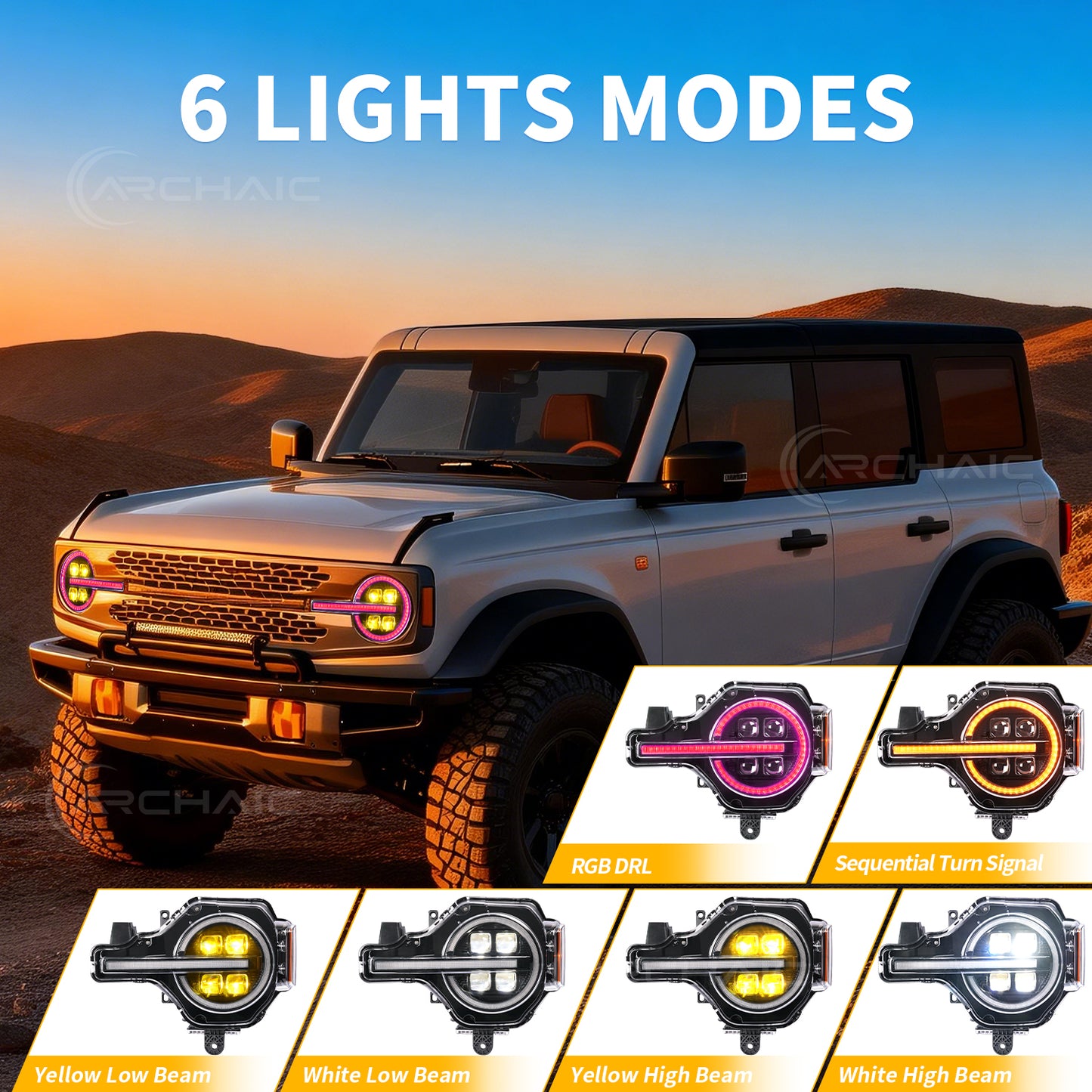 Archaic 4Lens Headlights Ford Bronco 2021-2026, DRL/Projector Lens Custom Light