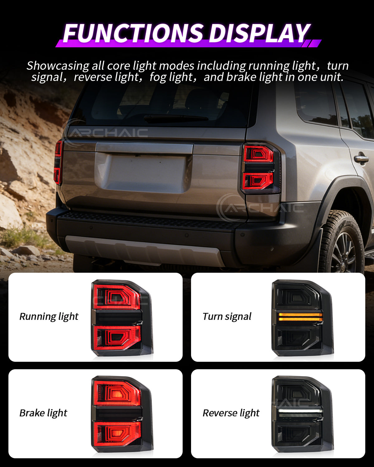 Archaic Smoked LED Tail Lights for Toyota Land Cruiser Prado LC250 2025–Up