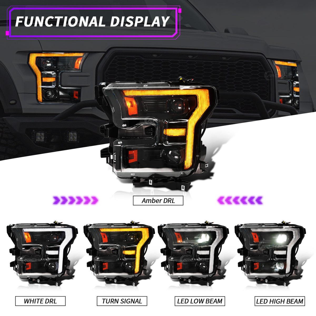 Archaic Full LED Headlights for Ford F-150 2015–2017 & Raptor 2017–2020 | Amber/White DRLs