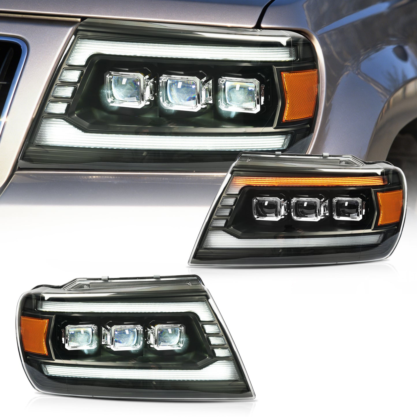 Pair LED Projector Headlights For Jeep Grand Cherokee 1999-2004 Headlamp with Sequential Turn Signal