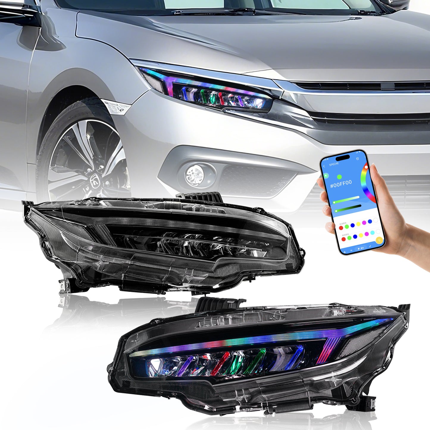 Archaic RGB Headlights Assembly For 2016-2021 Honda Civic 10th Gen | Dynamic DRL Sequential Turn Signal