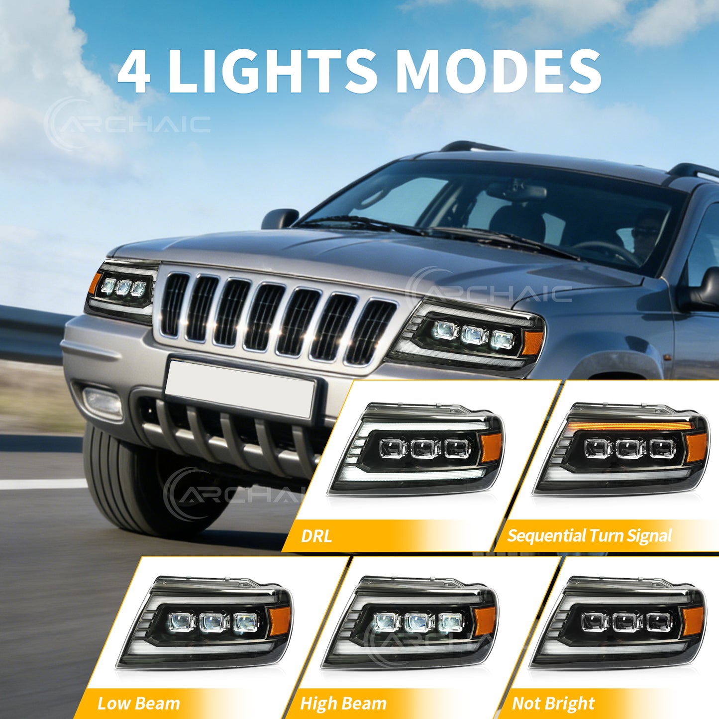 Pair LED Projector Headlights For Jeep Grand Cherokee 1999-2004 Headlamp with Sequential Turn Signal