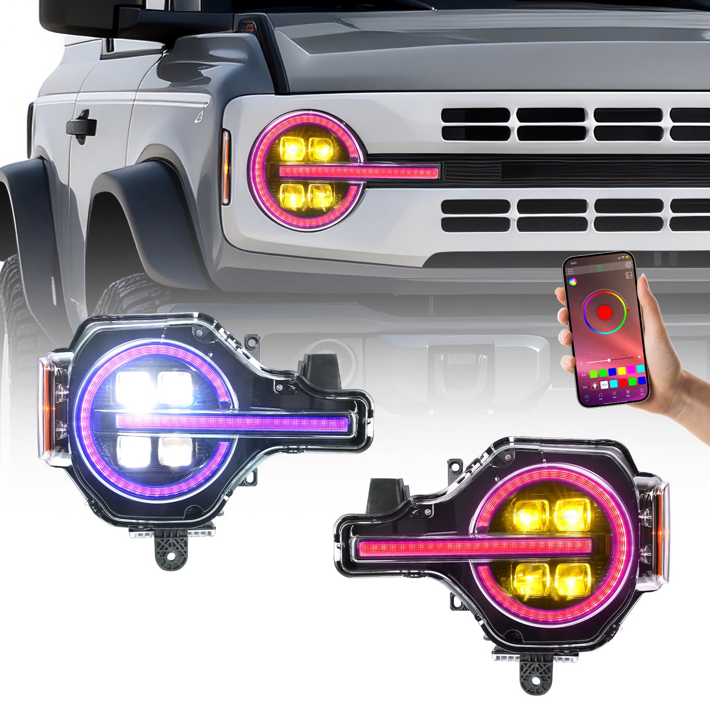 Archaic 4Lens Headlights Ford Bronco 2021-2026, DRL/Projector Lens Custom Light