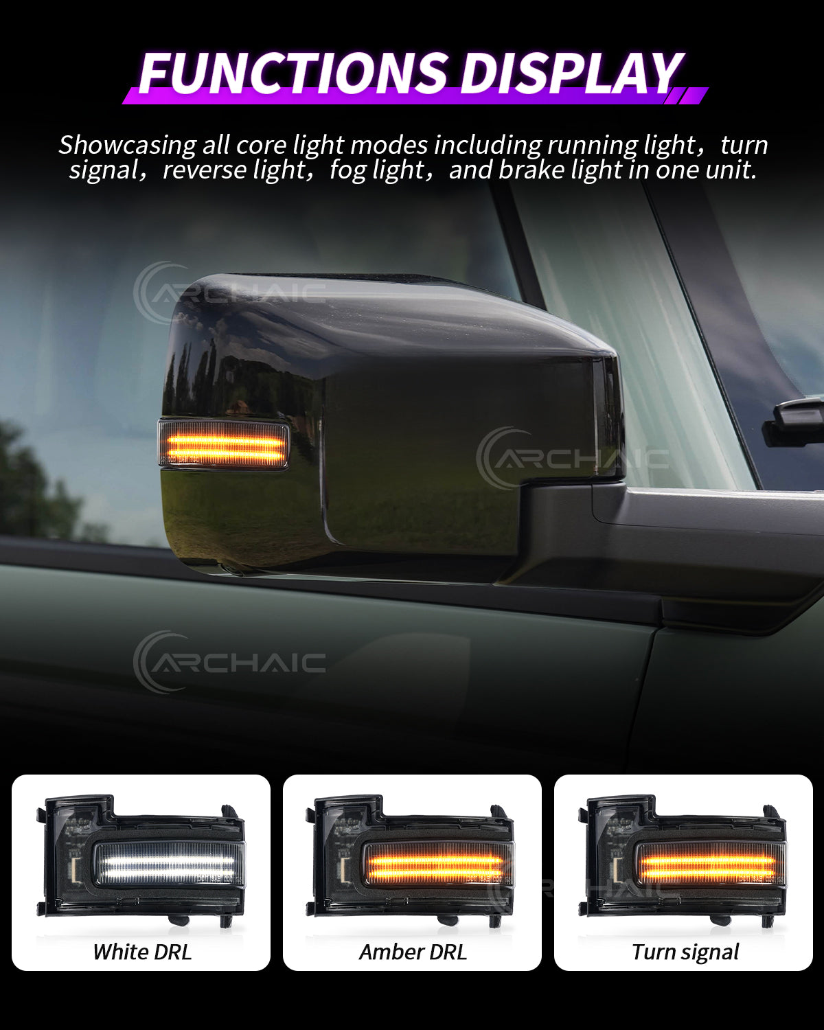 Feux de rétroviseur latéraux LED Archaic pour Ford Bronco 2021-2025 DRL Ambre/Blanc