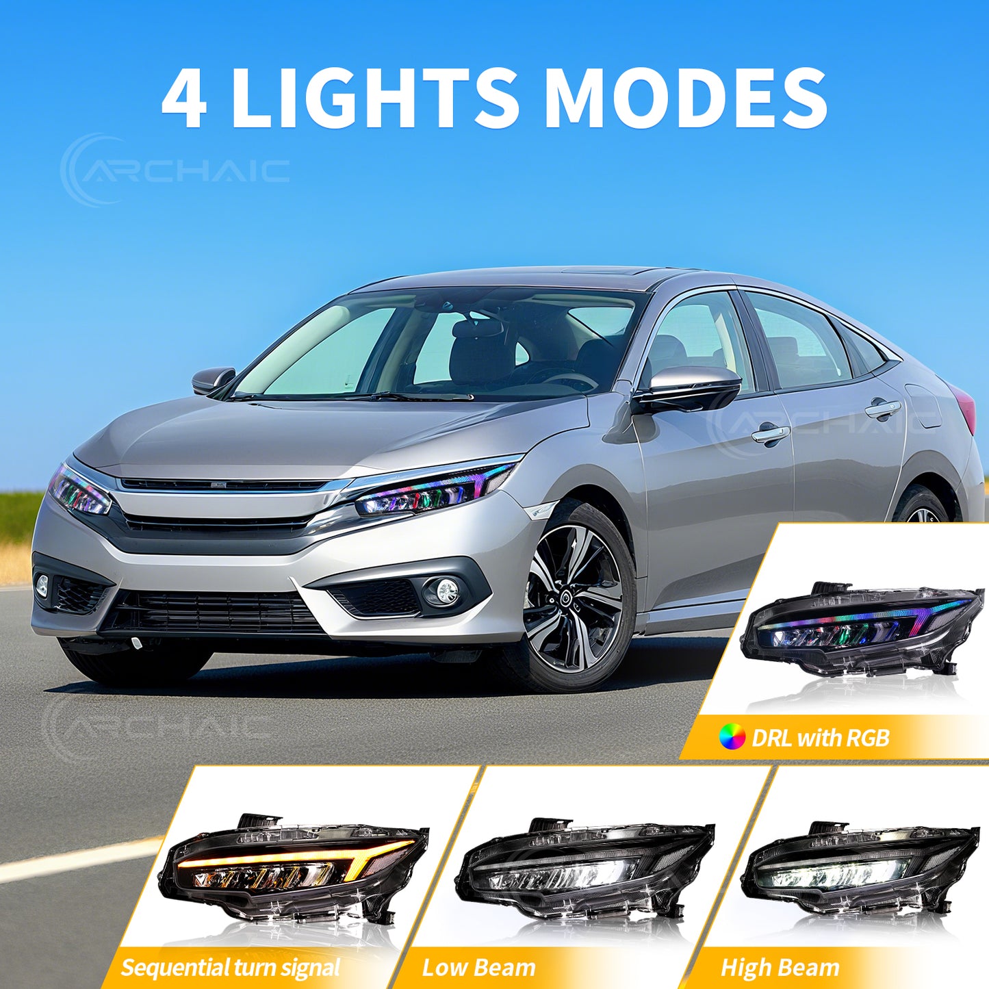 Archaic RGB Headlights Assembly For 2016-2021 Honda Civic 10th Gen | Dynamic DRL Sequential Turn Signal