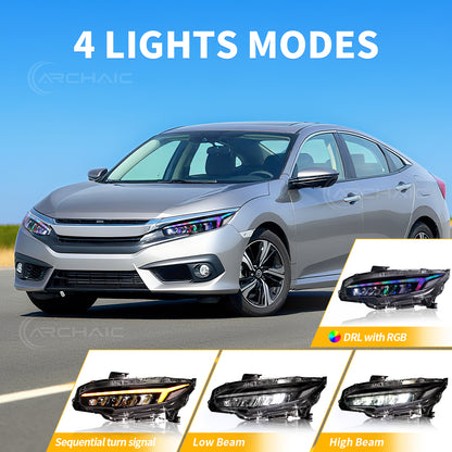 Archaic RGB Headlights Assembly For 2016-2021 Honda Civic 10th Gen | Dynamic DRL Sequential Turn Signal