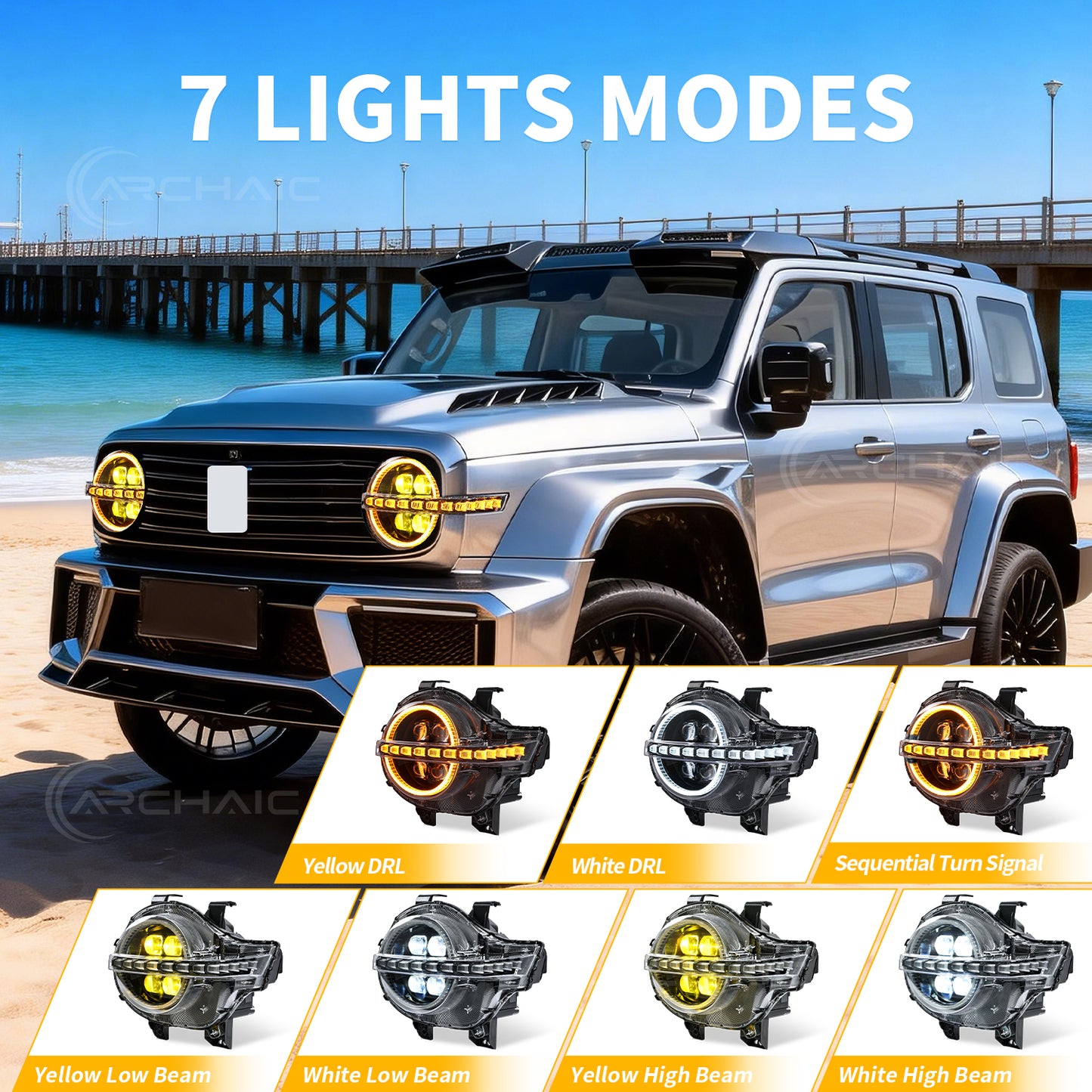 Archaic LED Headlight Assembly For GWM Tank300 2019-2025 White and Yellow DRL