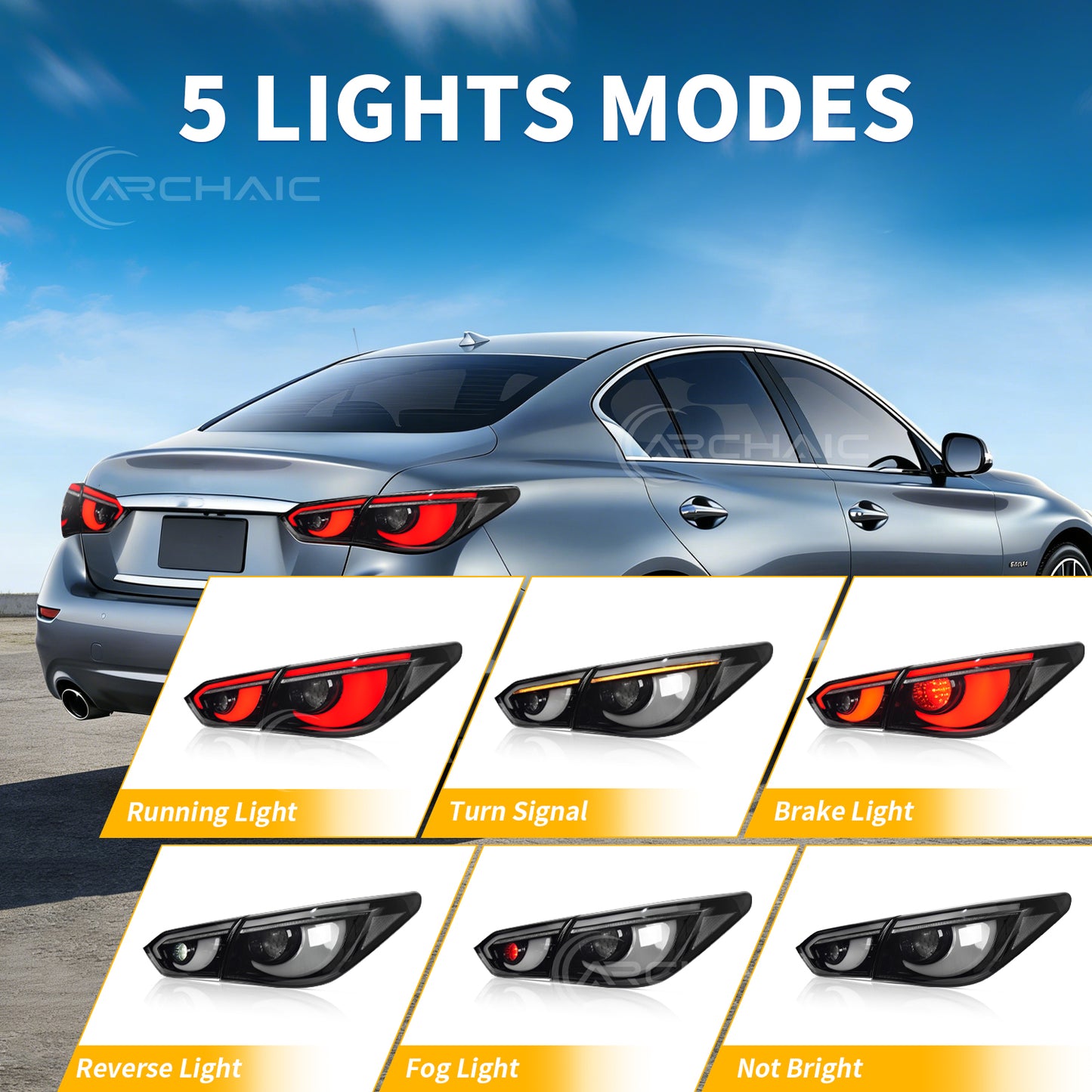 LED Tail Lights for Infiniti Q50 Sedan Skyline V37 2014-2017 | Sequential Turn Signals, Animated Startup, DRL Rear Lamp Assembly by Archaic