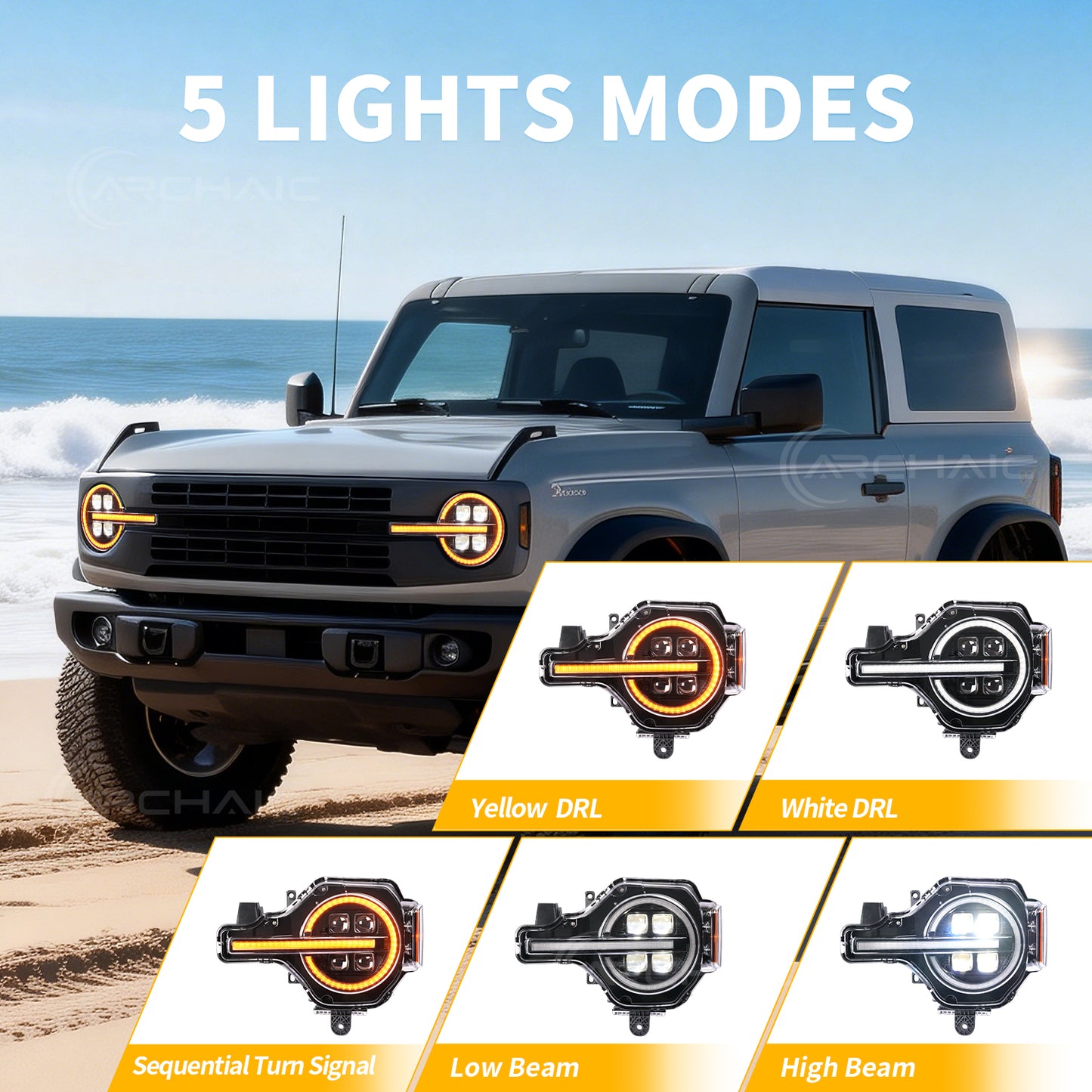 Archaic 4Lens Headlights Ford Bronco 2021-2026, DRL/Projector Lens Custom Light