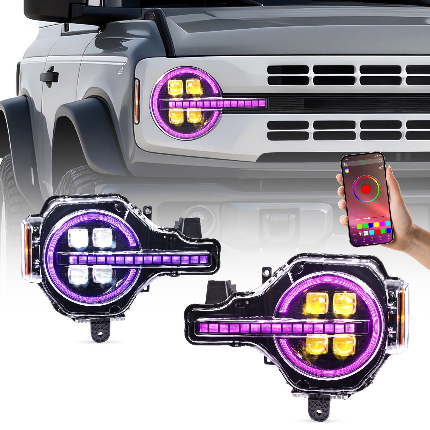 Archaic 4Lens Headlights Ford Bronco 2021-2026, DRL/Projector Lens Custom Light