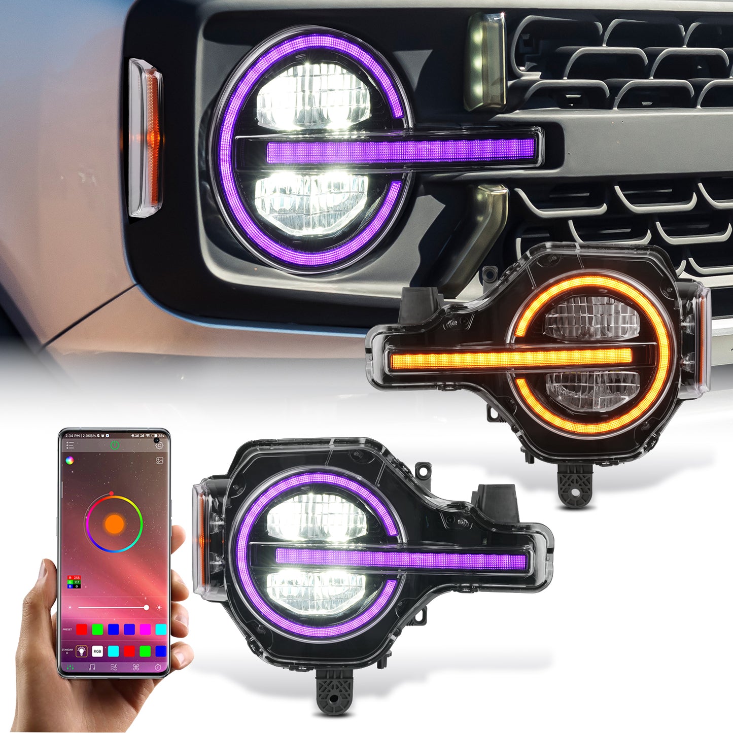 Reflector Headlights For 2021-2025 Ford Bronco,with Amber/White DRL and Startup Animation
