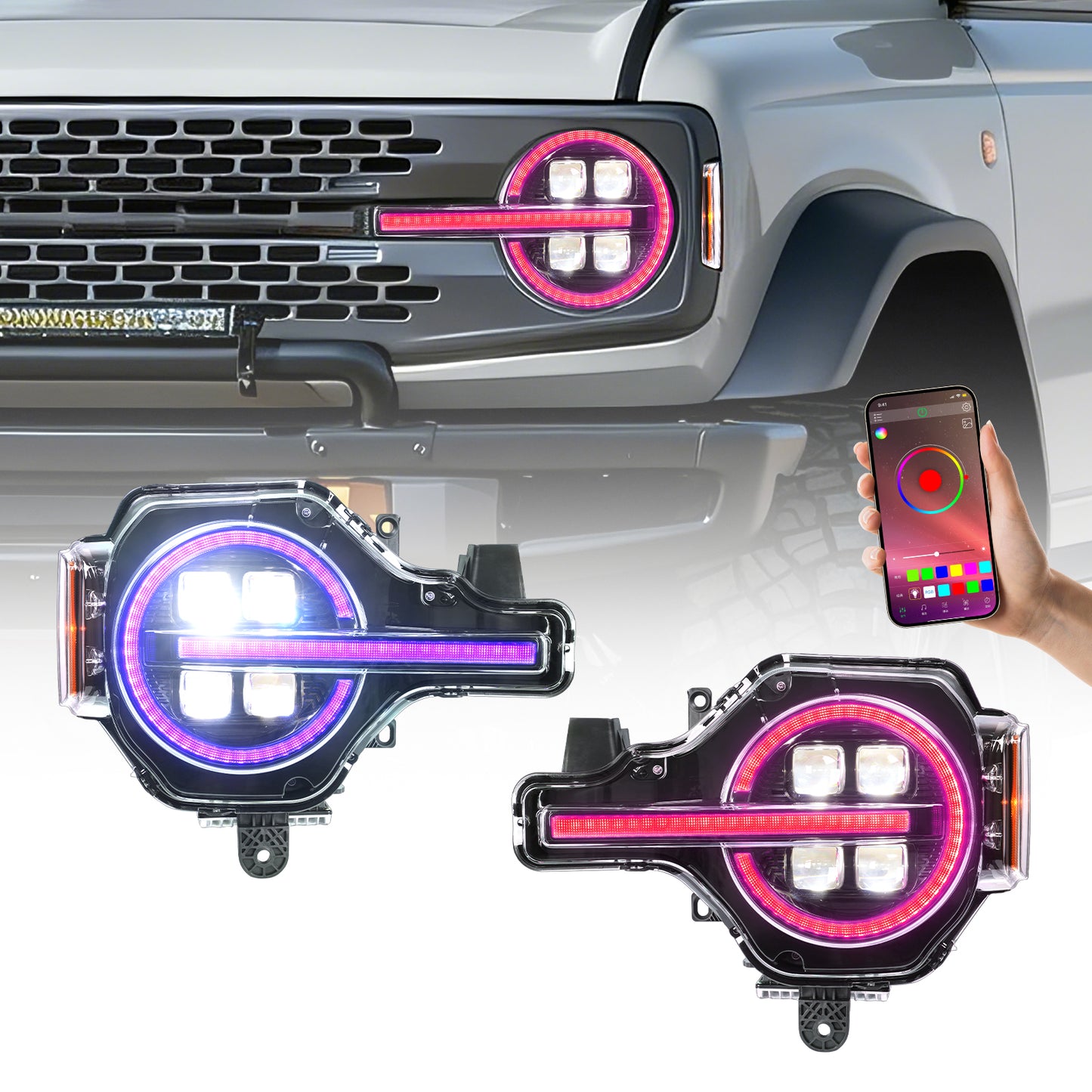 Archaic 4Lens Headlights Ford Bronco 2021-2026, DRL/Projector Lens Custom Light