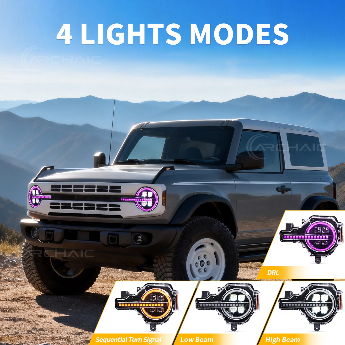 Archaic 4Lens Headlights Ford Bronco 2021-2026, DRL/Projector Lens Custom Light