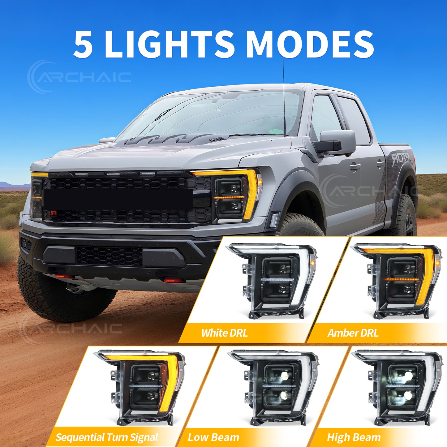 Archaic LED Headlight Assembly For 14th Gen Ford F150 F-150 2021 2022 2023,with White/Amber DRL