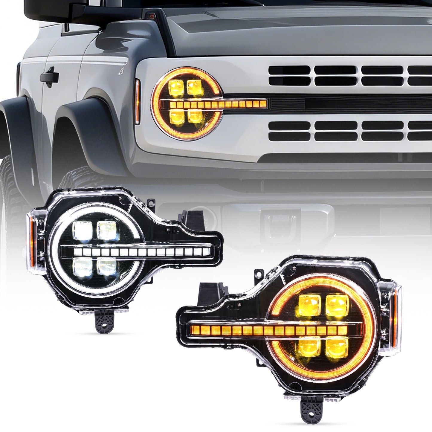 Archaic 4Lens Headlights Ford Bronco 2021-2026, DRL/Projector Lens Custom Light