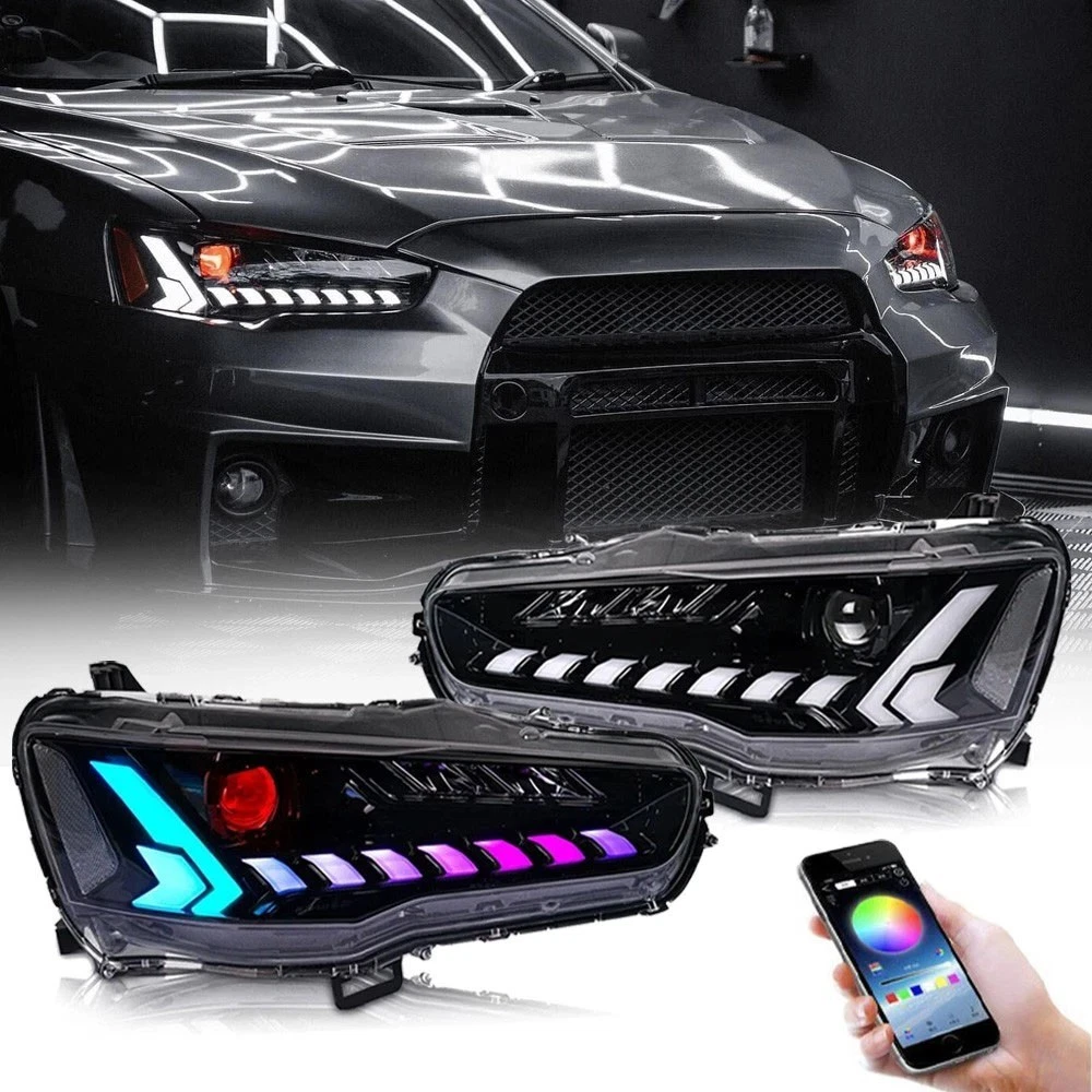 LED Headlights for Mitsubishi Lancer & EVO X 2008-2020 Projector Front lamp Assembly w Sequential Turn Signal and Startup Animation DRL