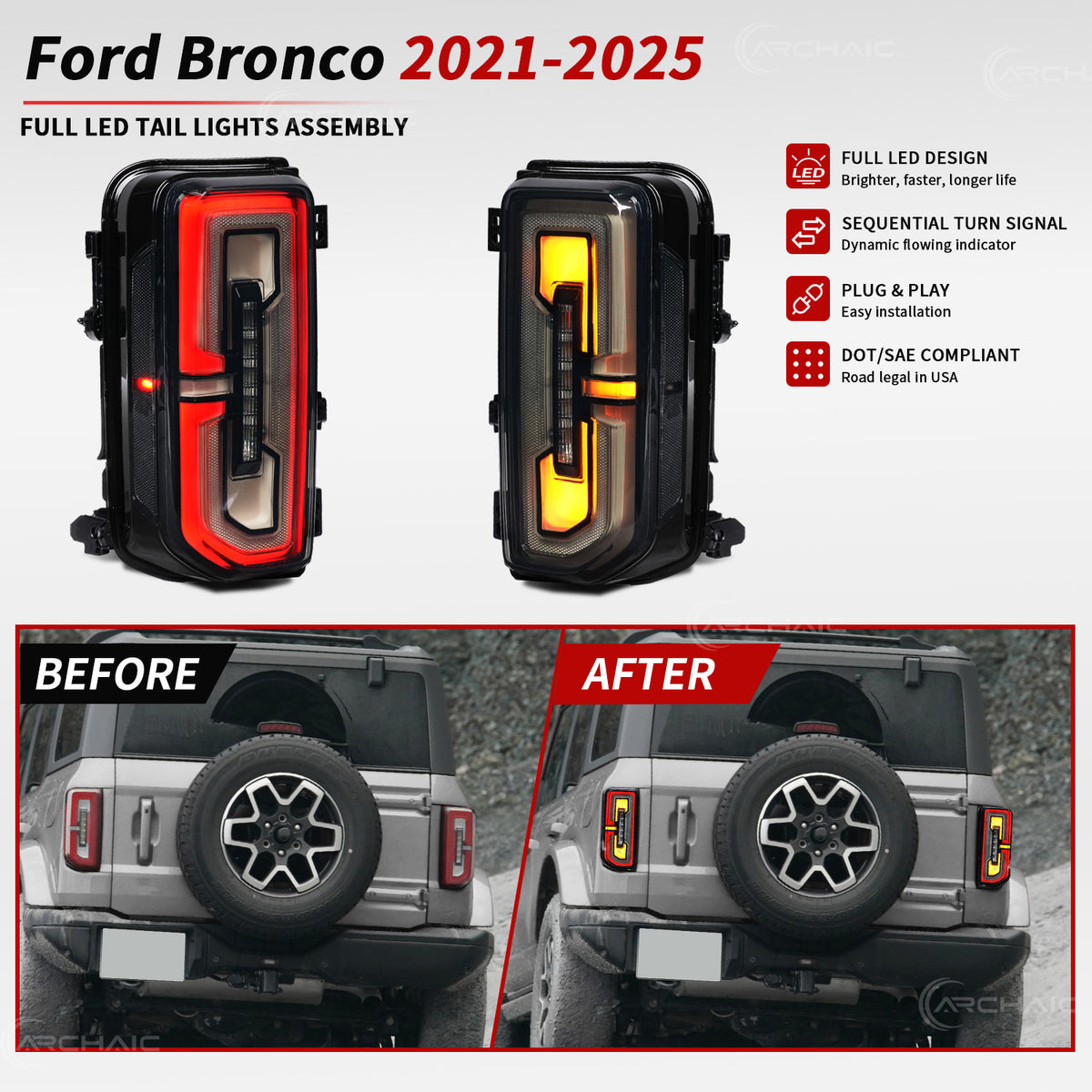 Archaic Full LED Tail Lights for Ford Bronco 2021–2026 | Sequential Turn Signals