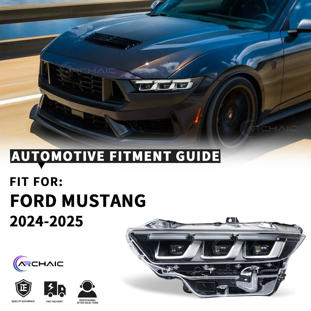 Retro-LED-Scheinwerfer für Ford Mustang OE (ab 2024), Chrom-Schwarz-Ausführung