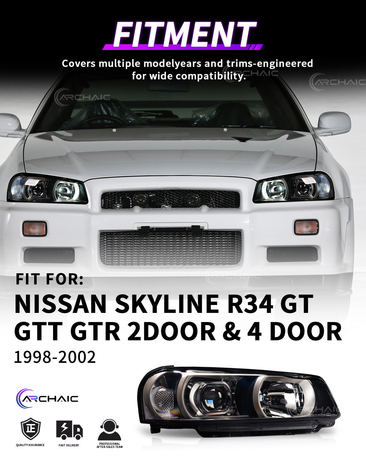 Archaic Projector LED Headlights | Nissan Skyline R34 1998–2002
