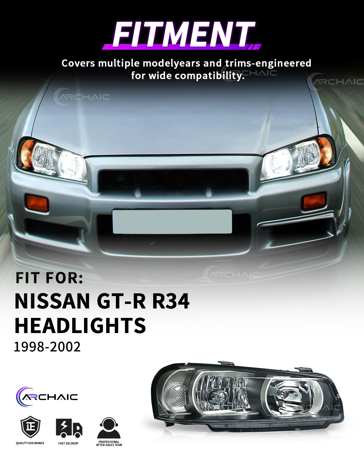 Archaic OE-Style Halogen Headlight Assembly For Nissan Skyline R34 GT-R GTT 1998-2002