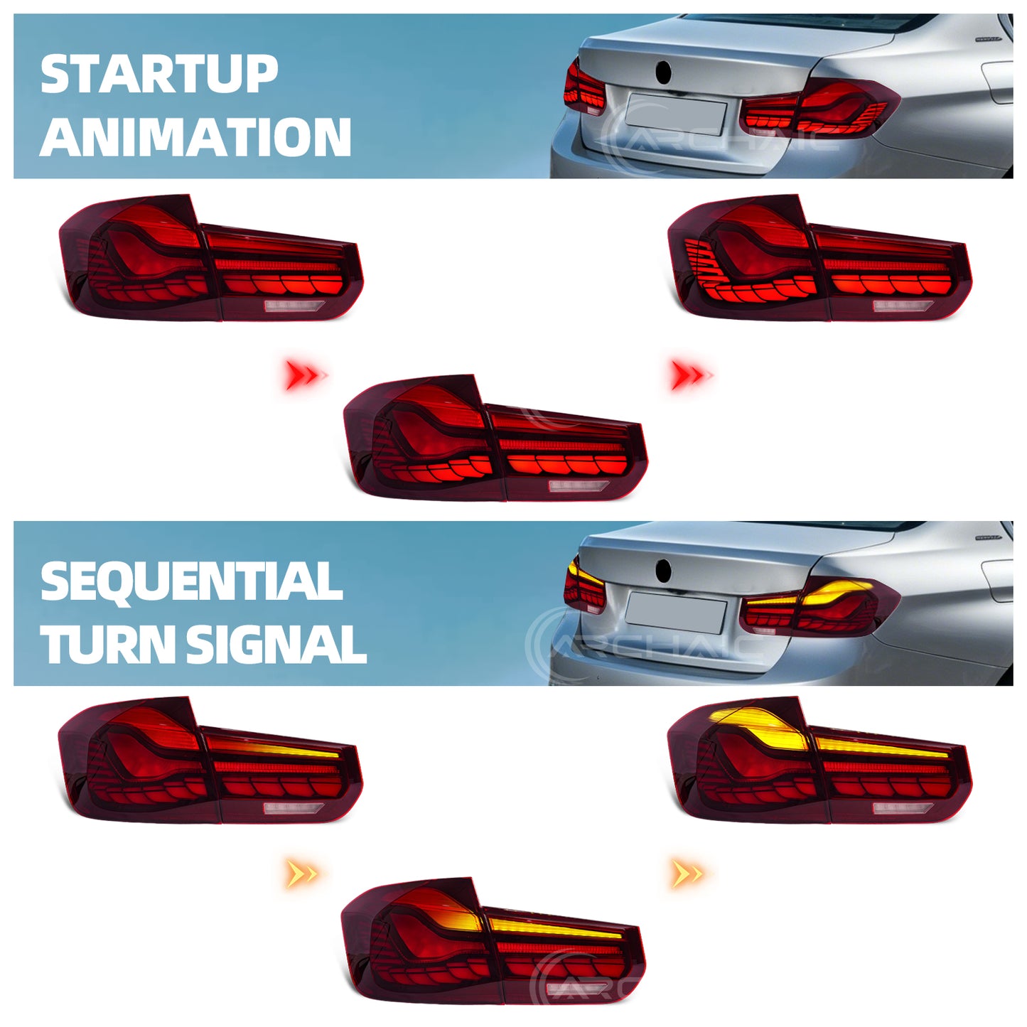 Archaic LED GTS Tail lights for BMW 3 Series F30 F80 M3 2013-2018,with Sequential Turn Signal and Startup Animation