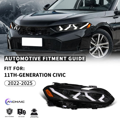 Archaic LED Headlight Assembly For 11th Gen Honda Civic 2022-2025 Startup Animation DRL