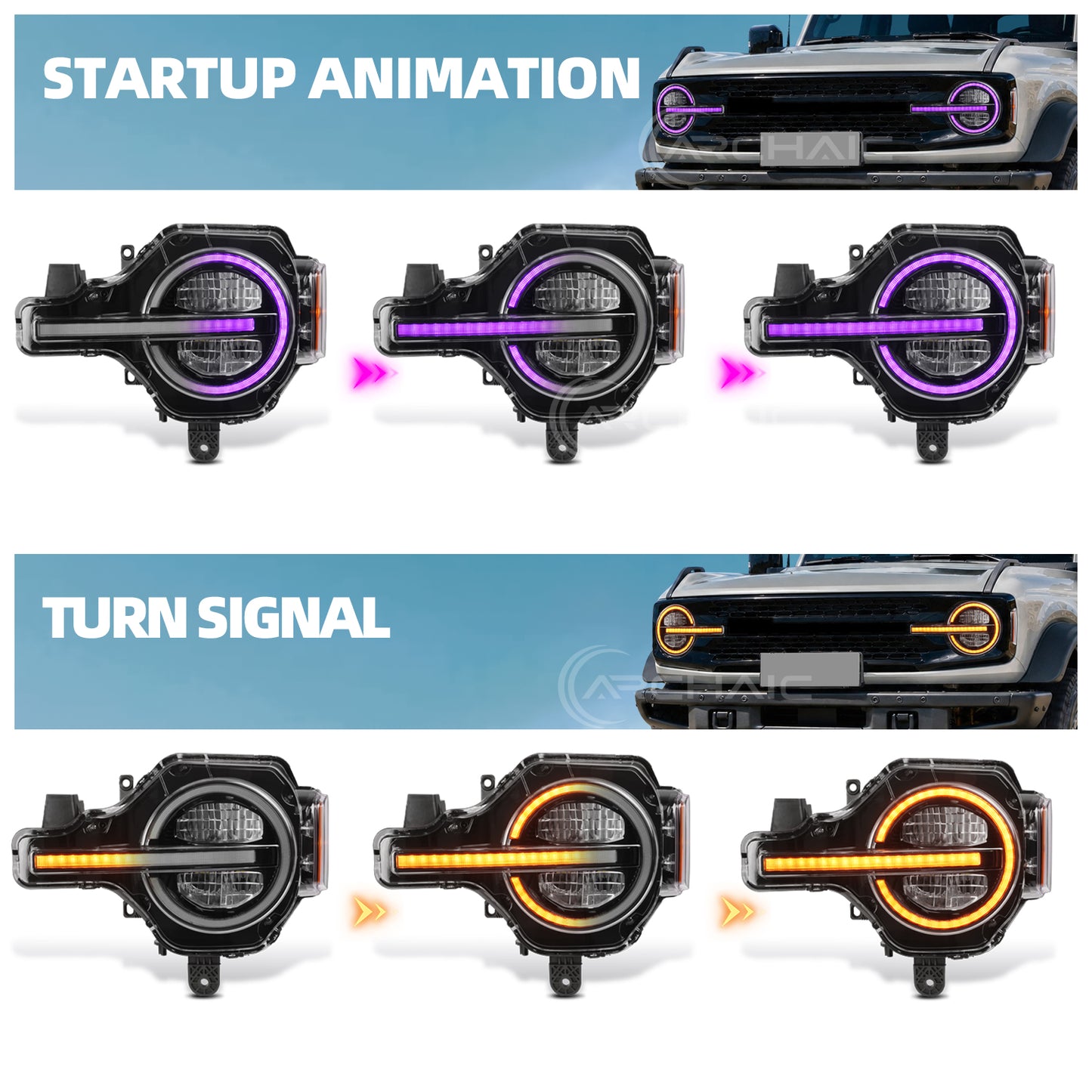 Reflector Headlights For 2021-2025 Ford Bronco,with Amber/White DRL and Startup Animation
