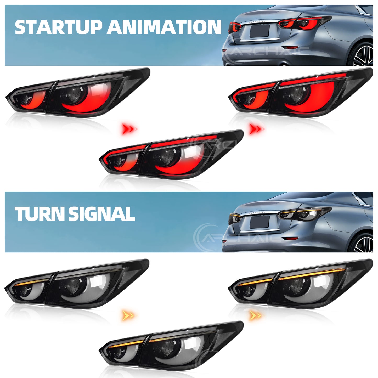 LED Tail Lights for Infiniti Q50 Sedan Skyline V37 2014-2017 | Sequential Turn Signals, Animated Startup, DRL Rear Lamp Assembly by Archaic