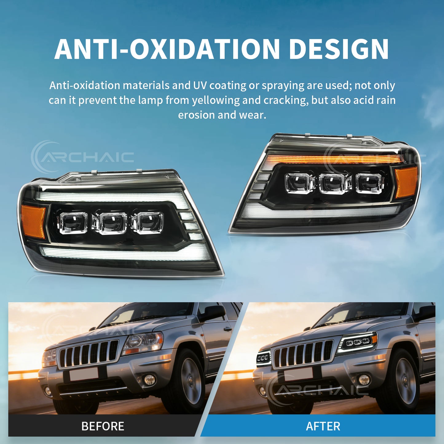 Pair LED Projector Headlights For Jeep Grand Cherokee 1999-2004 Headlamp with Sequential Turn Signal