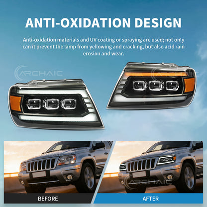 Pair LED Projector Headlights For Jeep Grand Cherokee 1999-2004 Headlamp with Sequential Turn Signal
