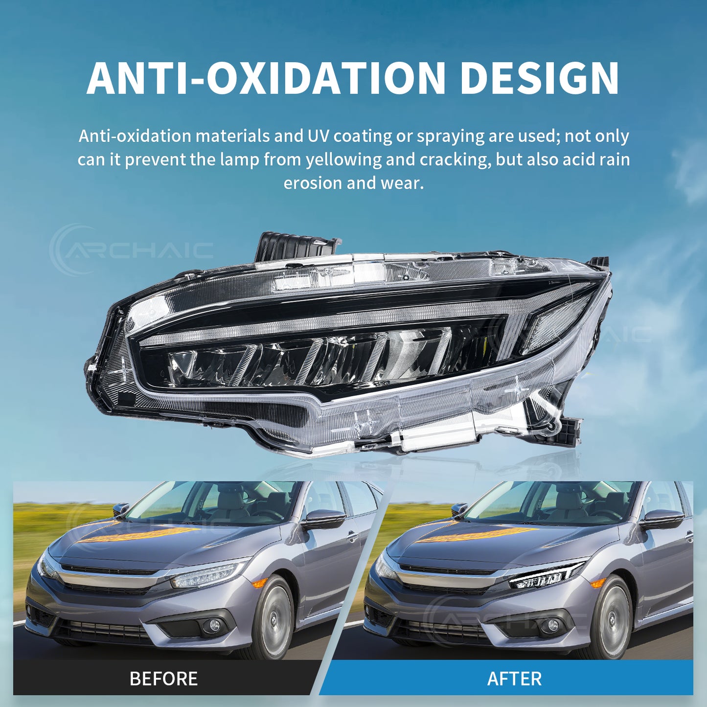 Archaic LED Headlights Assembly For 2016-2021 Honda Civic 10th Gen | Dynamic DRL Sequential Turn Signal