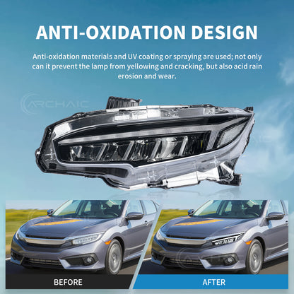 Archaic LED Headlights Assembly For 2016-2021 Honda Civic 10th Gen | Dynamic DRL Sequential Turn Signal