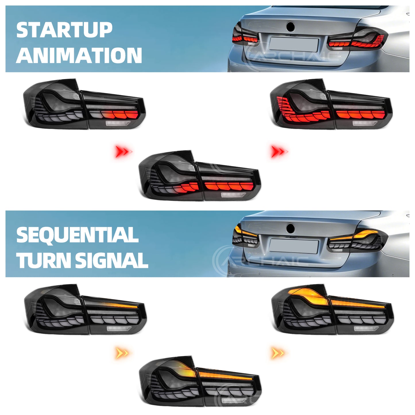 Archaic LED GTS Tail lights for BMW 3 Series F30 F80 M3 2013-2018,with Sequential Turn Signal and Startup Animation