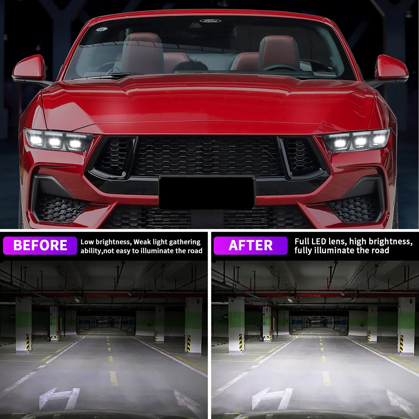 Archaic Pair Headlights for 2024-2026 Ford Mustang S550,Update LED Headlamps w/Black Inner