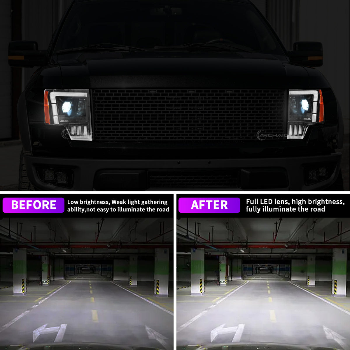 Archaic Full LED Projector Headlights For Ford F-150 2009–2014 | White/Amber DRLs