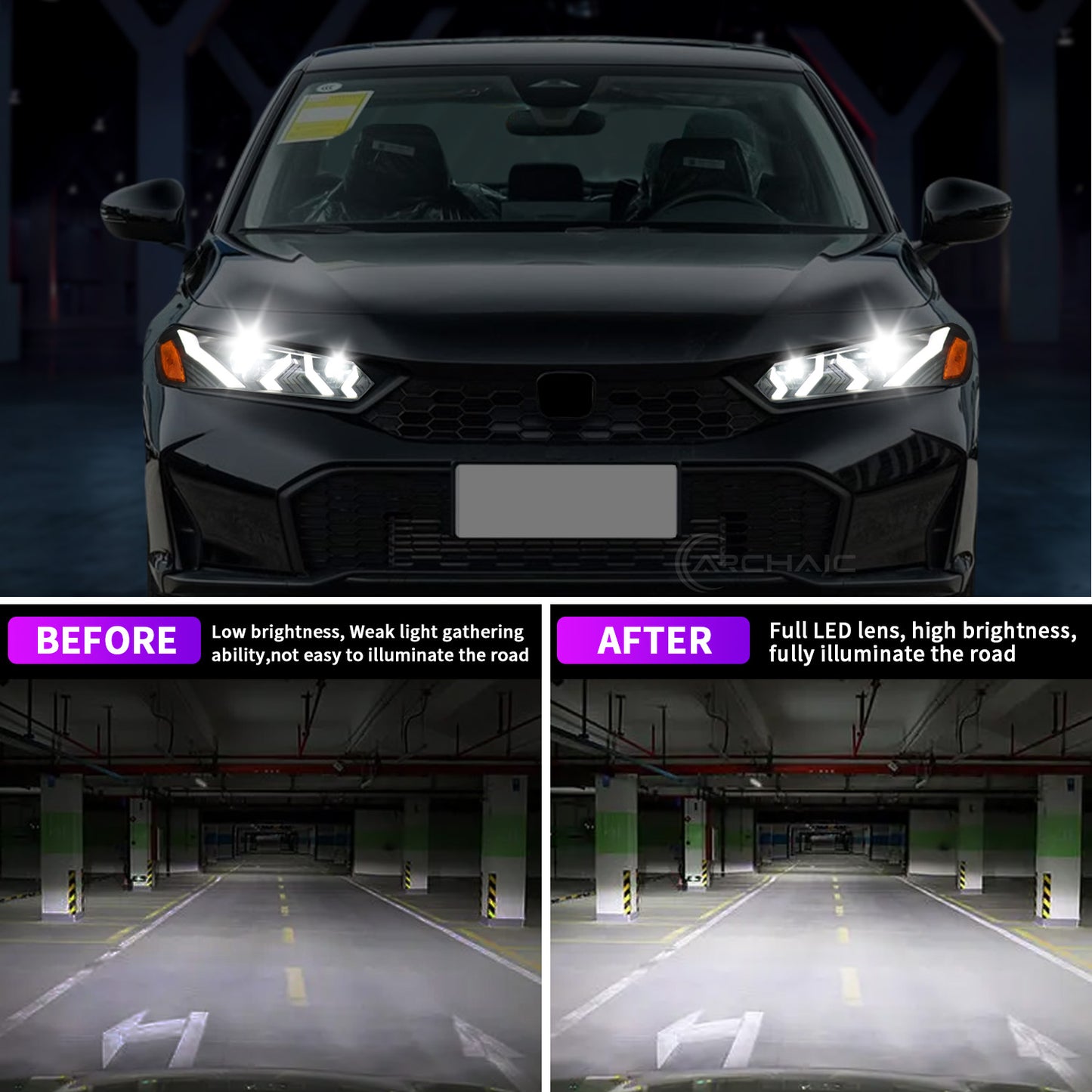 Archaic LED Headlight Assembly For 11th Gen Honda Civic 2022-2025 Startup Animation DRL